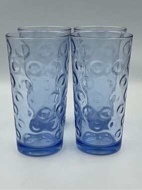Vintage Pasabahce Polka Dot Optic Circle Blue 12oz Tumblers- Set of 4